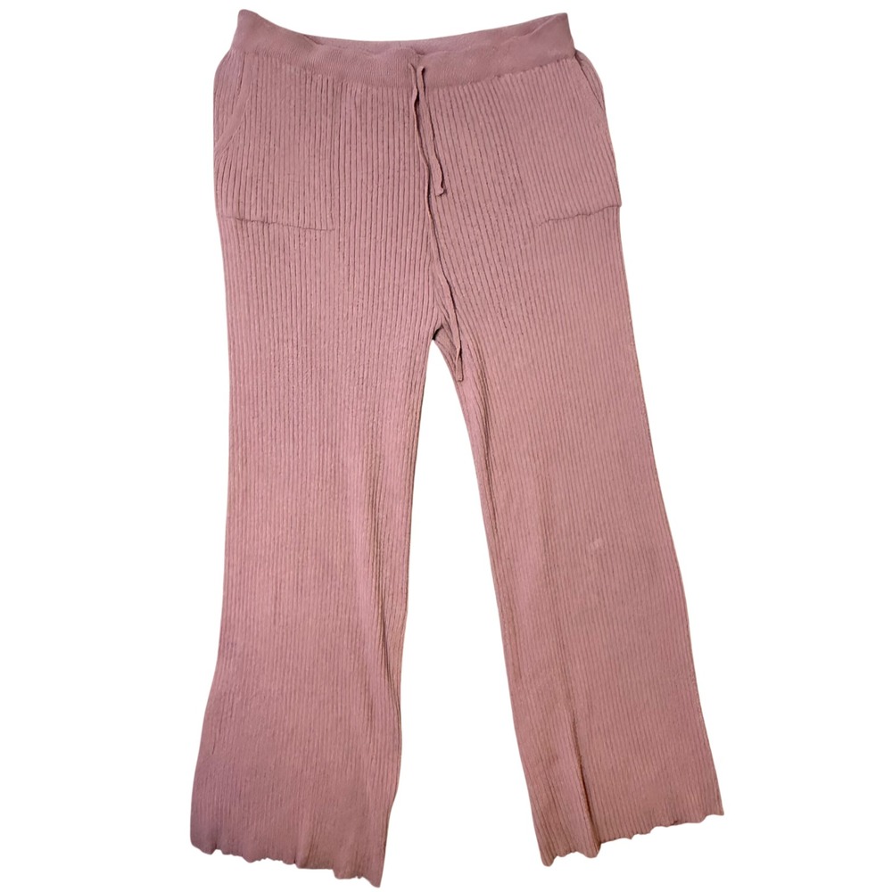 Womens Ribbed‎ Knit Wide Leg Lounge Pants Size L Mauve Pink Cozy Pajama Pockets